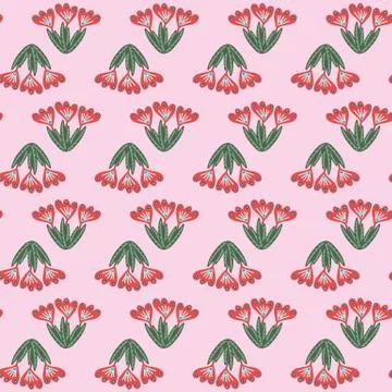 Red folk flowers seamless vector pattern on pink Stock-Illustration