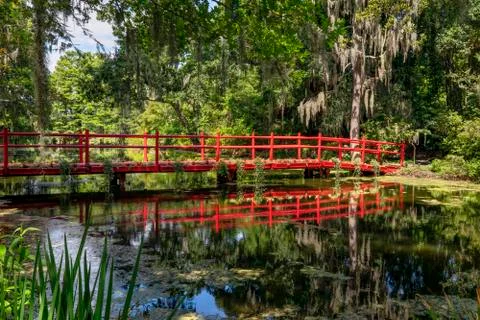 Red Foot Bridge Reflection Stock Photos