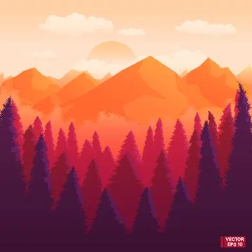 Red forest at sunset. Иллюстрация