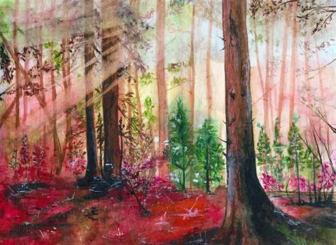 Red forest with tall spruces Stock Illustration