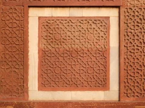 Red Fort stone carving pattern detail in Agra, India Stock Photos