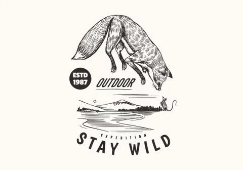 Red fox badge. Forest ginger wild animal label or logo. Vector Engraved hand Stock Illustration