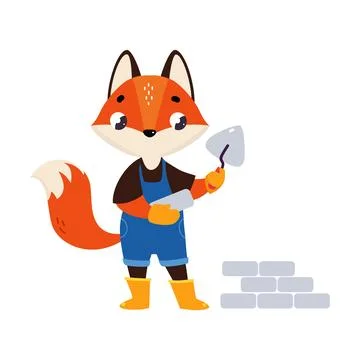 Red Fox Builder Character Laying Bricks Vector Illustration Stock Illustration