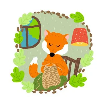 Red fox sitting and knitting sweater alone in cosy burrow with window Stock Illustration