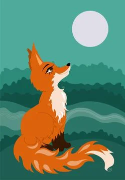 Red fox sitting on glade in the forest and looking at the moon. Illustrazione stock