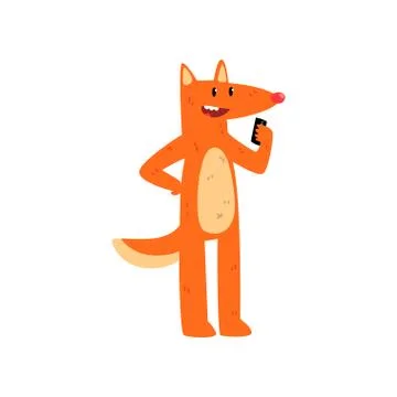 Red fox talking on the phone, cute animal cartoon character with modern gadget Stock Illustration