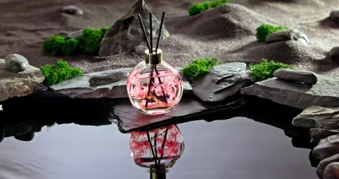 Red fragrance diffuser on a lunar landscape with small pond. Stock Footage 337072773