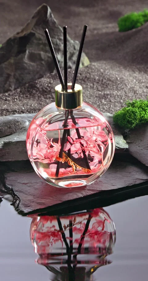 Red fragrance diffuser on a lunar landscape with small pond. Stock Footage 347558007