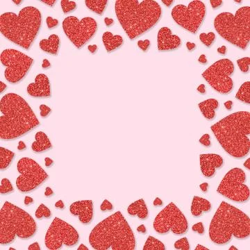 Red frame with red hearts of sequin confetti. Glitter powder sparkling pink b Stock Photos