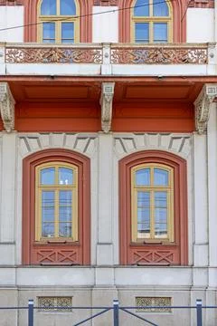 Red Frame Windows Building Stock Photos