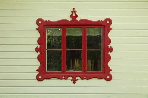 Red framed window. Stock Photos