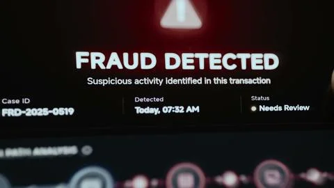 Red fraud detection screen identifies suspicious transaction activity Stock Photos