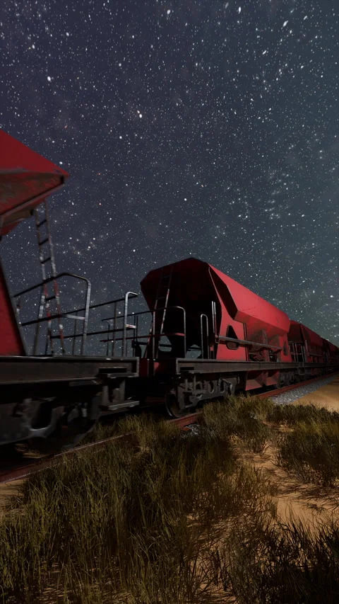 Red freight train moves through desert landscape under starry night sky Stock Footage 325791099