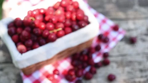 Red fresh Cherries in basket with cell napkin Stock Footage 156071871
