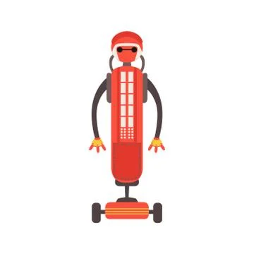 Red Friendly Android Robot Character On Wheeled Platform Vector Cartoon 库存插图