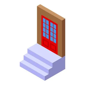 Red front door isometric icon, building entrance with stairs Ilustración de archivo