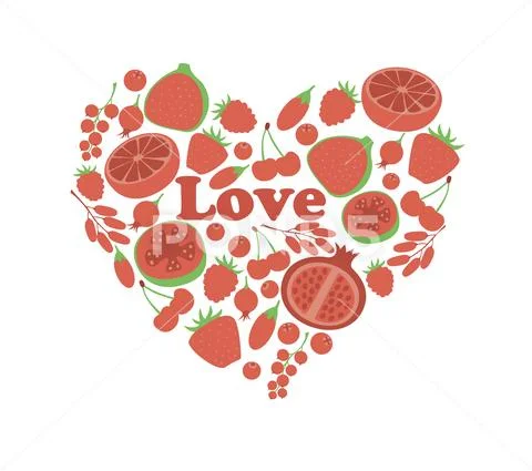 Red fruit berry heart love. Vegan vegetarian diet menu eco natural food. Po.. Stock Illustration