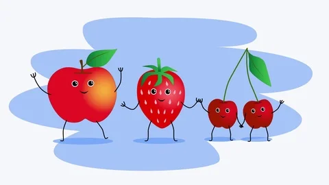 Red fruit group dancing. Apple, strawberry, cherry funny moving. Healthy food Vidéo 126610736