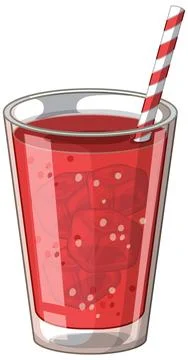 Red Fruit Juice with Ice Cubes and Striped Straw Vector Illustration Stock Illustration