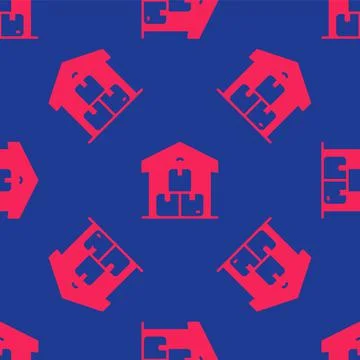 Red Full warehouse icon isolated seamless pattern on blue background. Vector Stock Illustration