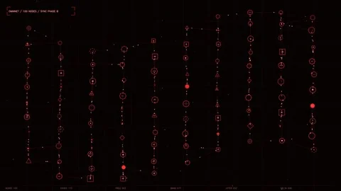 Red Futuristic HUD Interface with Geometric Data Nodes and Tactical Network Stock Footage 334443533