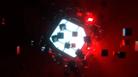 Red Futuristic Spinning Cube in Digital Space Background VJ Loop in 4K Stock Footage 344100914