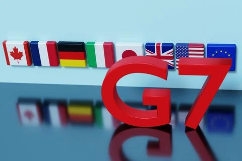 A red G7 logo stands in front of flags of member countries. The flags inclu.. Stock Illustration