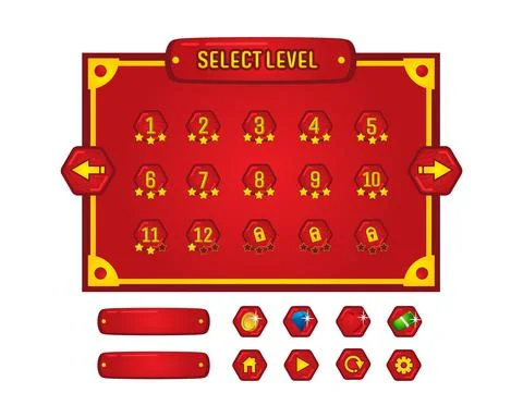 Red game assets select level user interface template design Stock Illustration