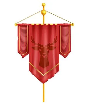 Red game flag, medieval vector battle banner, gold flagpole, deer silhouette Illustrazione stock