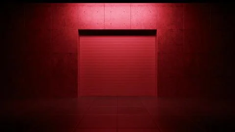 Red garage door closing in empty parking lot Ilustración de archivo
