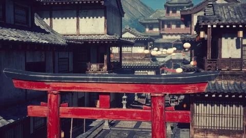 A red gate in front of a row of buildings Ilustración de archivo