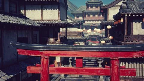 A red gate in front of a row of buildings Ilustración de archivo