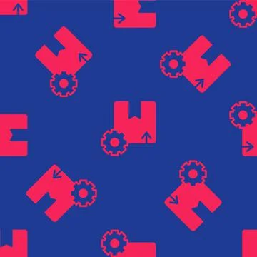 Red Gear wheel with package box icon isolated seamless pattern on blue Stock Illustration