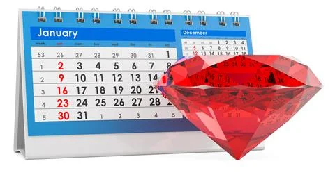 Red gem with desk calendar, 3D rendering Stock Illustration