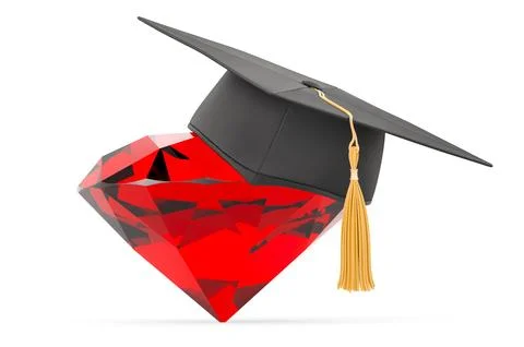 Red gem with education hat. 3D rendering Stock Illustration