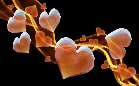 Red gem hearts leading fire smoke wave isolated on dark background. Geometric Stock Illustration