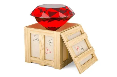 Red gem inside wooden box, delivery concept. 3D rendering Stock Illustration