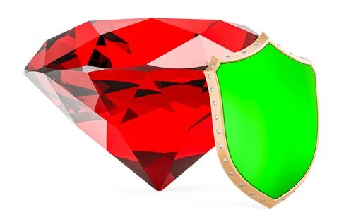 Red gem with shield, 3D rendering Stock Illustration