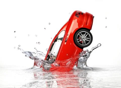 Red generic sedan car, falling into water splashing. Stock Illustration
