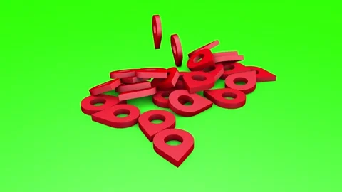 Red geolocation icons fall on green screen. 3D animation. Stock Footage 279765192