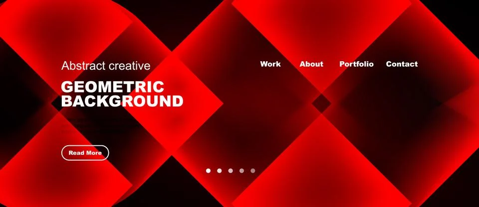 Red geometric background features text, navigation options, button. Modern Stock Illustration