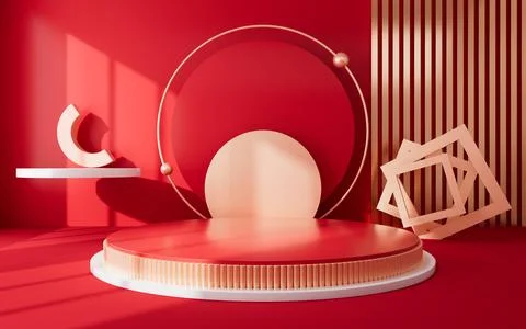 Red geometric interior architecture and empty stage, e-commerce background,.. Illustrazione stock