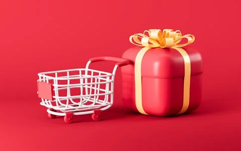 Red gift and empty shopping cart in the red background, 3d rendering. Stock Illustration
