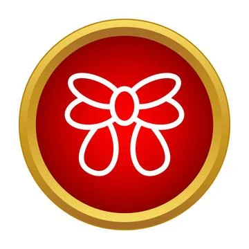 Red gift bow icon in gold framed circle on white Stock Illustration