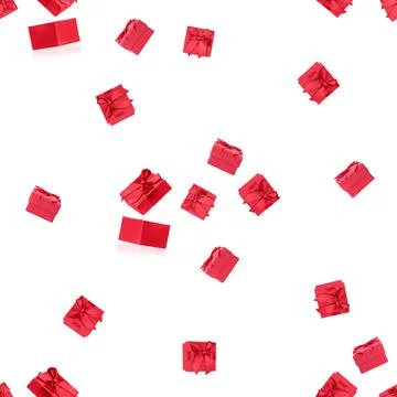 Red gift with a bow, seamless pattern on a white background. Stock Photos