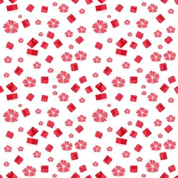 Red gift with a bow, seamless pattern on a white background. Stock Photos