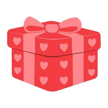 Red gift box with bow and hearts on white background. Cartoon vector icon presen Illustrazione stock