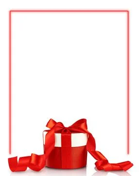 Red gift box with bow and ribbons on white background with neon frame. Stock Photos