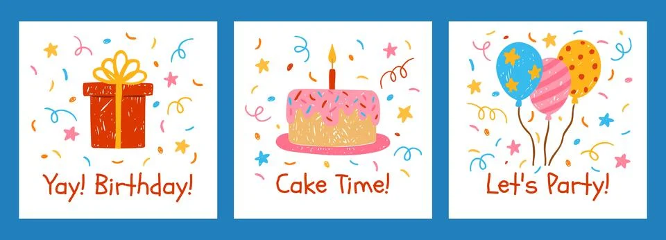 Red gift box with bow, balloons bundle and cake with burn candle vector crayon Stock Illustration