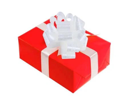 Red gift box with bow isolated on white Stockfoto's